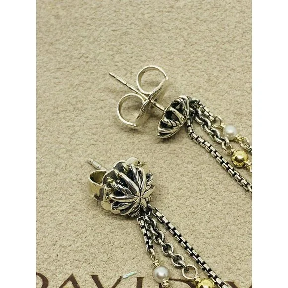 David Yurman Multi-Stone Pearl Sterling Silver Drop Earrings 18K 750 - Picture 7 of 12